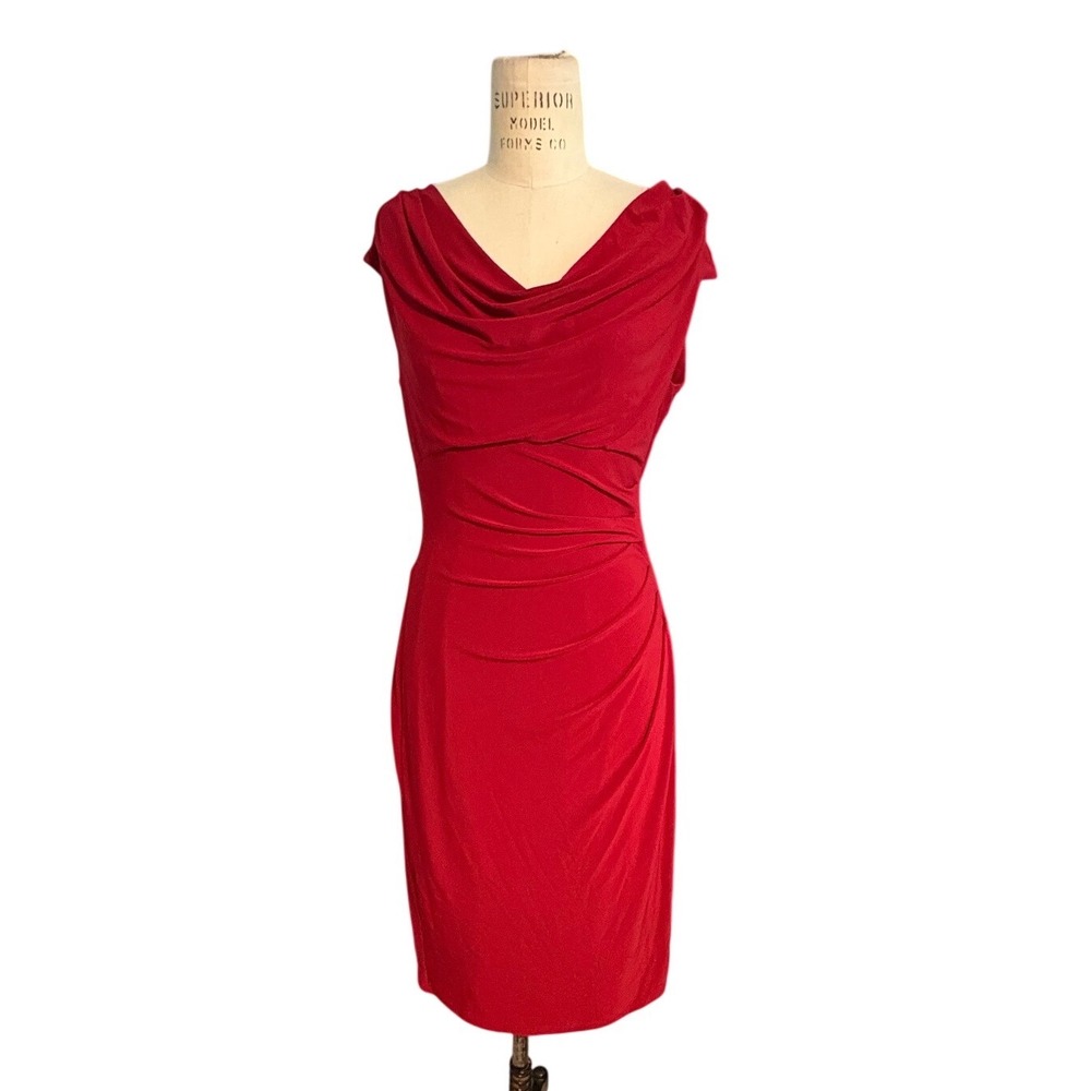 Lauren Ralph Lauren Red Cowl Neck Ruched Sheath Dress Womens 10 Office Cocktail